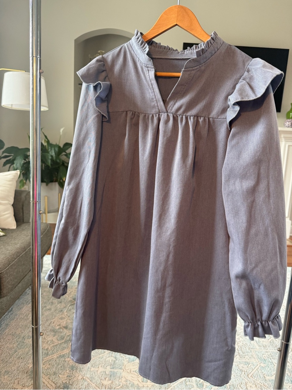 SHEIN Dusty Blue Ruffle Yoke Long-Sleeve Dress